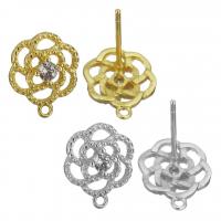 Brass Earring Stud Component, Flower, plated, with loop & with cubic zirconia, more colors for choice, nickel, lead & cadmium free, 9x11x15mm,0.5mm, Hole:Approx 1mm, 50PCs/Lot, Sold By Lot
