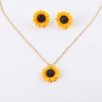 Resin Jewelry Sets Stud Earring & necklace with Stainless Steel Flower & oval chain & for woman Length Approx 17.72 Inch Sold By Lot