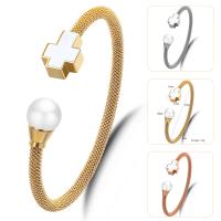 acier inoxydable bracelet manchette, avec Plastique ABS perle, pour femme, plus de couleurs à choisir, 10mm,11x14mm, Diamètre intérieur:Environ 57mm, Vendu par PC
