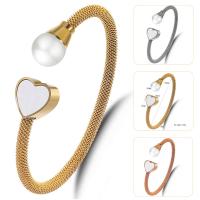 Stainless Steel Cuff Bangle, with ABS Plastic Pearl, Korean style & for woman, more colors for choice, 10mm,13x13mm, Inner Diameter:Approx 57mm, Sold By PC