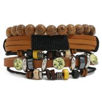 Faux Leather Bracelet Set, with Linen & Wood & Copper Coated Plastic & Tibetan Style, plated, Adjustable & three pieces & Unisex, mixed colors, 180mm, 3Strands/Set, Sold By Set