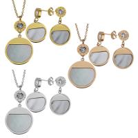 Fashion Stainless Steel Jewelry Sets, with White Shell, with 2Inch extender chain, plated, oval chain & for woman & with rhinestone, more colors for choice, 37mm,20x22.5mm,1.5mm,29mm,16x18.5mm, Length:Approx 17 Inch, Sold By Set