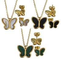 Fashion Stainless Steel Jewelry Sets, Stud Earring & necklace, with White Shell & Resin, Butterfly, gold color plated, different materials for choice & oval chain & for woman, 16x12.5mm,1.5mm,12.5x9.5mm, Length:Approx 18 Inch, Sold By Set