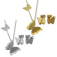 Fashion Stainless Steel Jewelry Sets, Stud Earring & necklace, with 2Inch extender chain, Butterfly, plated, oval chain & for woman & frosted, more colors for choice, 22.5x22.5mm1.5mm,11x10.5mm, Length:Approx 17 Inch, Sold By Set