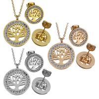 Fashion Stainless Steel Jewelry Sets, Stud Earring & necklace, with Rhinestone Clay Pave, with 2Inch extender chain, Tree, plated, oval chain & for woman & hollow, more colors for choice, 20x24mm,1.5mm,14mm, Length:Approx 17 Inch, Sold By Set