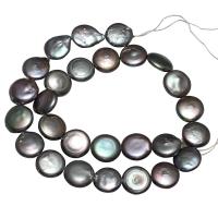Cultured Button Freshwater Pearl Beads, black, 13-14mm, Hole:Approx 0.8mm, Sold By Strand