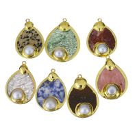 Brass Jewelry Pendants, with Plastic Pearl, gold color plated, random style, nickel, lead & cadmium free, 28-33x39-44x9-11mm, Hole:Approx 2mm, 10PCs/Lot, Sold By Lot