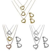 Fashion Stainless Steel Jewelry Sets, Stud Earring & necklace, with 2Inch extender chain, Heart, plated, oval chain & for woman & multi-strand, more colors for choice, 14.5x14mm,1.5mm,14.5x14mm, Length:Approx 15 Inch, 5Sets/Lot, Sold By Lot