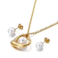 Fashion Stainless Steel Jewelry Sets, Stud Earring & necklace, with Plastic Pearl, plated, 2 pieces & for woman, more colors for choice, 8mm, Length:17.7 Inch, Sold By Set