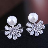 Brass Stud Earring with Cubic Zirconia & Plastic Pearl plated for woman silver color nickel lead & cadmium free 18*14mm Sold By Pair