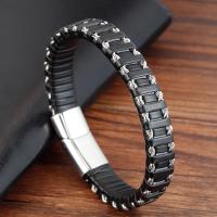 Bracelets cordon PU, cuir PU, avec acier inoxydable, fait à la main, unisexe & motif tissé, noire, Vendu par Environ 8.2 pouce brin