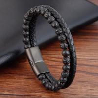 PU Leather Cord Bracelets with Natural Stone & Stainless Steel handmade Unisex & woven pattern black Sold By Strand
