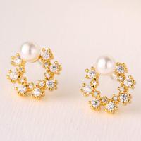 Brass Stud Earring with Plastic Pearl plated micro pave cubic zirconia & for woman nickel lead & cadmium free 13mm Sold By Pair