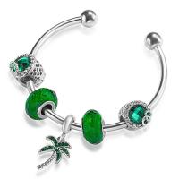 Zinc Alloy European Cuff Bangle with Lampwork Palm Tree silver color plated micro pave cubic zirconia & for woman green nickel lead & cadmium free Inner Approx 47mm Sold By PC