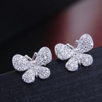 Brass Stud Earring, Butterfly, plated, micro pave cubic zirconia & for woman, silver color, nickel, lead & cadmium free, 13*11mm, Sold By Pair
