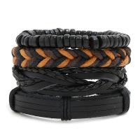 PU Leather Bracelet Set with Waxed Cotton Cord & Wood 4 pieces & Adjustable & Unisex black nickel lead & cadmium free 180mm Sold By Set