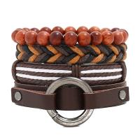 PU Leather Bracelet Set with Faux Leather & Waxed Cotton Cord & Linen & Wood 4 pieces & Adjustable & Unisex mixed colors nickel lead & cadmium free 180mm Sold By Set