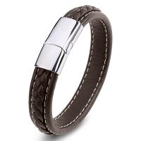 PU Leather Cord Bracelets with Stainless Steel fashion jewelry & punk style brown Sold By PC
