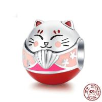 925 Sterling Silver Beads Fortune Cat plated enamel Sold By PC