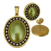 Rhinestone Stainless Steel Jewelry Set, Stud Earring & pendant, with Plastic Pearl, gold color plated, for woman & with rhinestone, 28x38mm,14.5x16mm, Hole:Approx 4.5x7mm, Sold By Set