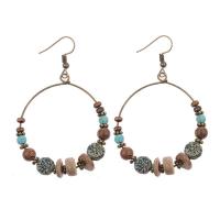 Boucles d'oreilles en alliage de zinc, avec turquoise & bois, bijoux de mode & pour femme, 6.5cm, Vendu par paire