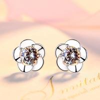 925 Sterling Silver Stud Earrings, Flower, platinum plated, for woman & with cubic zirconia, nickel, lead & cadmium free, 10.5x10.5mm, Sold By Pair