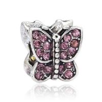 Zinc Alloy European Beads Butterfly antique silver color plated with rhinestone pink nickel lead & cadmium free 10-15mm Approx 4-4.5mm Sold By Bag