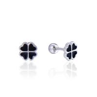 925 Sterling Silver Stud Earrings, Four Leaf Clover, polished, for woman & enamel, silver color, 6.80x6.80mm, Sold By Pair