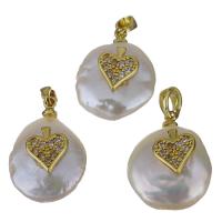 Freshwater Pearl Brass Pendant, with Freshwater Pearl, gold color plated, fashion jewelry & micro pave cubic zirconia, nickel, lead & cadmium free, 14-15x19-20x7-7.5mm, Hole:Approx 2.5x4.5mm, 10PCs/Lot, Sold By Lot