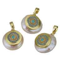 Freshwater Pearl Brass Pendant, with Freshwater Pearl, gold color plated, fashion jewelry & micro pave cubic zirconia, nickel, lead & cadmium free, 15-15.5x18-19x7-9.5mm, 10PCs/Lot, Sold By Lot