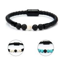 Cowhide Bracelet, with Lava & Tibetan Style, plated, fashion jewelry & for man, more colors for choice, 200mm, 3Strands/Lot, Sold By Lot