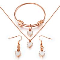 Fashion Stainless Steel Jewelry Sets bangle & earring & necklace with Shell Heart plated three pieces & oval chain & for woman 10*10mm 30mm Length Approx 17.5 Inch Approx 7.4 Inch Sold By Set