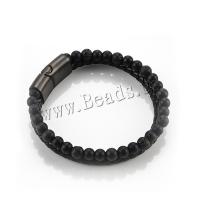 Lava Bracelet, with PU Leather & Black Agate, Tibetan Style magnetic clasp, gun black plated, different size for choice & for man & frosted, black, 6mm, Sold Per Approx 8.7 Inch Strand