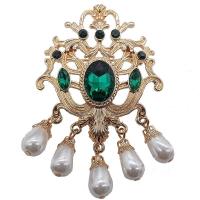 Tibetan Style Brooch, with Glass, gold color plated, imitation pearl & for woman & faceted & with rhinestone, green, nickel, lead & cadmium free, 70u00d745mm, Sold By PC