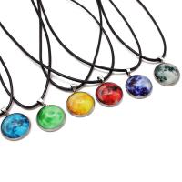 Stainless Steel Necklace, with PU Leather Cord & Glass, with 50mm extender chain, plated, time gem jewelry & Unisex & luminated, more colors for choice, 22mm, Length:Approx 17.71 Inch, 10Strands/Lot, Sold By Lot