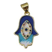 Cubic Zirconia Micro Pave Brass Pendant, Hamsa, gold color plated, fashion jewelry & micro pave cubic zirconia & enamel, nickel, lead & cadmium free, 14x21.50x2mm, Hole:Approx 3.5x4.5mm, 5PCs/Lot, Sold By Lot