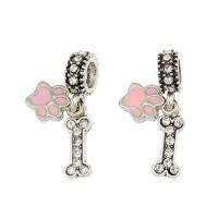 European Style Tibetan Style Dangle Beads, Dog Bone, antique silver color plated, enamel & with rhinestone, pink, nickel, lead & cadmium free, 8x11x1.5mm,5.5x14.5x1.5mm, Hole:Approx 4.5mm, 30PCs/Bag, Sold By Bag