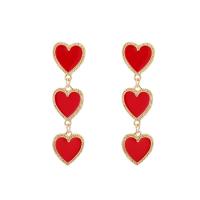 Tibetan Style Drop Earrings, Tibetan Style post pin, Heart, gold color plated, for woman & enamel, red, 20x65mm, 10Pairs/Lot, Sold By Lot