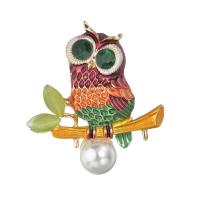 Tibetan Style Brooches, with ABS Plastic Pearl, Owl, gold color plated, for woman & enamel & with rhinestone, nickel, lead & cadmium free, 41mm, 3PCs/Lot, Sold By Lot