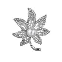 Zinc Alloy Brooches with ABS Plastic Pearl Leaf plated for woman & with rhinestone 54mm Sold By Lot