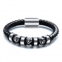 PU Leather Bracelet, with Stainless Steel, vintage & for man, black, 9mm, Sold Per Approx 8.27 Inch Strand