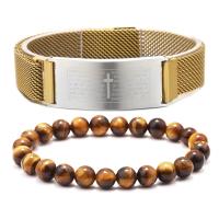 acier inoxydable Set de bracelet, avec oeil de tigre & agate noire, Placage, bijoux de mode & unisexe, plus de couleurs à choisir, 76mm, Vendu par fixé