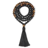 Black Agate Sweater Necklace, with Cotton Thread & Tiger Eye, polished, for woman, black, 8mm, Sold Per Approx 34 Inch Strand