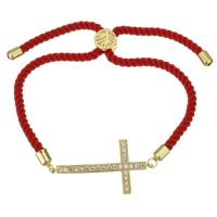 Bijoux bracelet en acier inoxydable, avec corde en nylon, croix, Placage de couleur d'or, Réglable & pavé de micro zircon & pour femme, 35x18mm,3mm, Vendu par Environ 6-9 pouce brin
