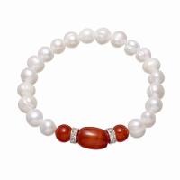 Bracelet en perles de culture d'eau douce, perle d'eau douce cultivée, avec agate rouge & laiton, Placage de couleur platine, pour femme & avec strass, 14*10*10mm,9mm, Vendu par Environ 7.5 pouce brin