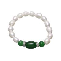 Bracelet en perles de culture d'eau douce, perle d'eau douce cultivée, avec entretoise laiton strass & aventurine vert, laiton fermoir homard, Placage de couleur platine, pour femme, vert, 8-10mm, Vendu par Environ 7.5 pouce brin
