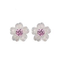 Cupronickel Stud Earring Oriental Cherry silver color plated fashion jewelry & for woman & with rhinestone pink 9*9mm Sold By Bag