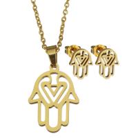 Fashion Stainless Steel Jewelry Sets Stud Earring & necklace Hamsa gold color plated oval chain & for woman 1.5mm Length Approx 17 Inch Sold By Set