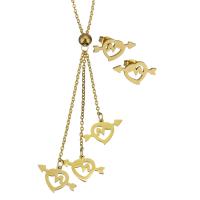 Fashion Stainless Steel Jewelry Sets, Stud Earring & necklace, Heart, gold color plated, oval chain & for woman, 17x11mm,1.5mm,17x9.5mm, Length:Approx 17 Inch, Sold By Set