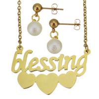Fashion Stainless Steel Jewelry Sets, earring & necklace, with Plastic Pearl, gold color plated, oval chain & for woman, 37x24mm,.5mm,19 7.5x11mm, Length:Approx 19 Inch, Sold By Set